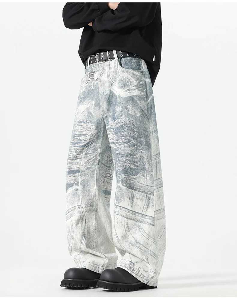 2025 Autumn New American Fashion 3D Digital White Loose Jeans Dirty Printed Jeans Mens Casual Straight Leg Floor Pants J251030