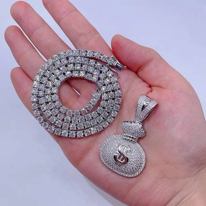 New Hip Hop Jewelry Pass Diamond Tester 925 Sterling Silver Bling Iced Out GRA VVS Moissanite Money Bag Pendant for Men Women