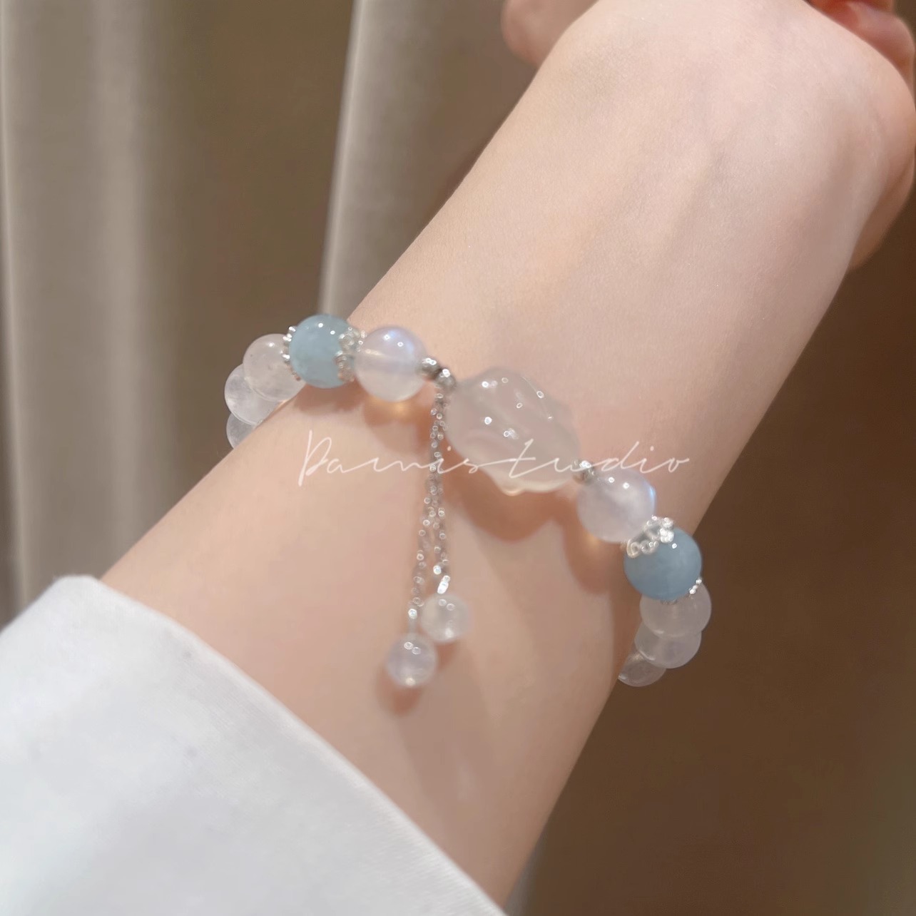 Natural Moonstone Bracelet for Women - Sea Blue Topaz Charm Bangle Gift
