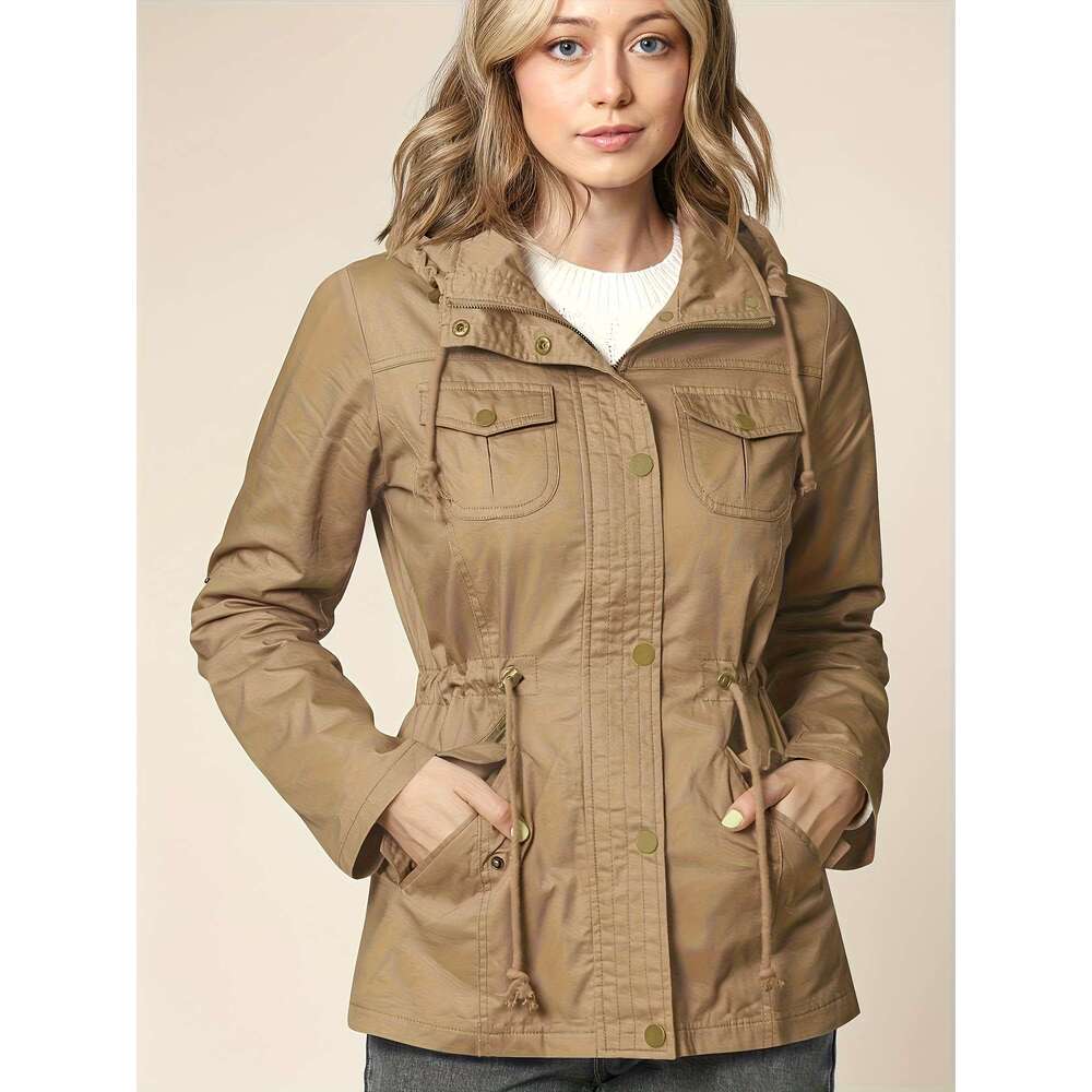 Mid Length Jacket With Hood Heavy Duty Non Stretch Fabric Zipper Closure Drawstring Waist All Season Casual Coat For Everyday Travel Office Parties Kh