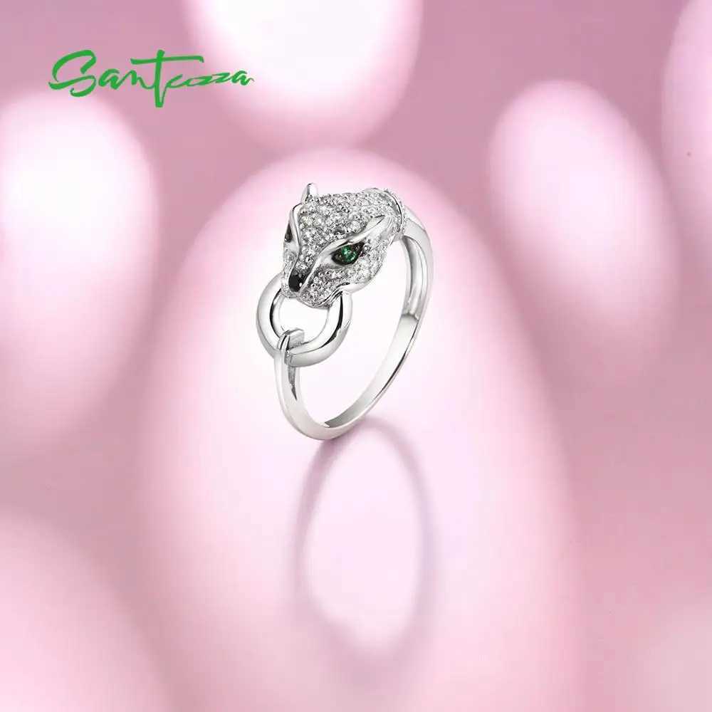 SANTUZZA 925 Sterling Silver Ring For Women Green Spinel White Cubic Zirconia Leopard Panther Rings Party Trendy Fine JewelryW251030