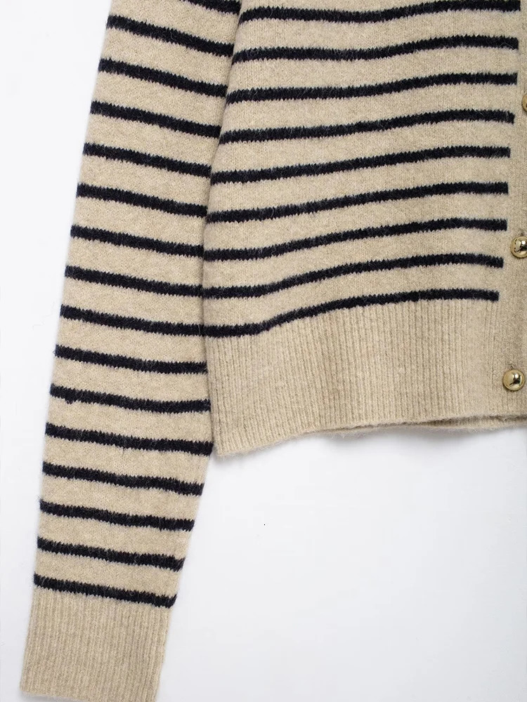 European and American style autumn womens clothing simple round neck long sleeve striped fine knitted cardigan sweater jack 251028
