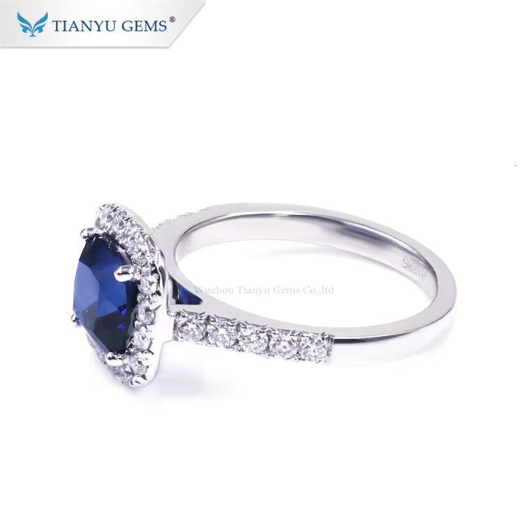 Tianyu Gems 7mm Cushion Cut Lab Sapphire Hao Ring Blue Corundum Gemstone 18k Au750 14k 10k White Gold Engagement Rings for Women