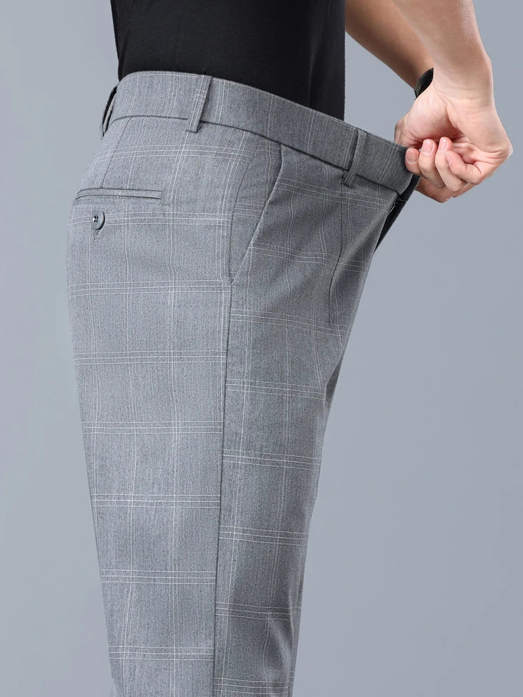 Summer Thin Plaid Formal Stretch Pants Men Slim Business Grey Black Casual Pant Fashion Male Clothing England Trousers 251028
