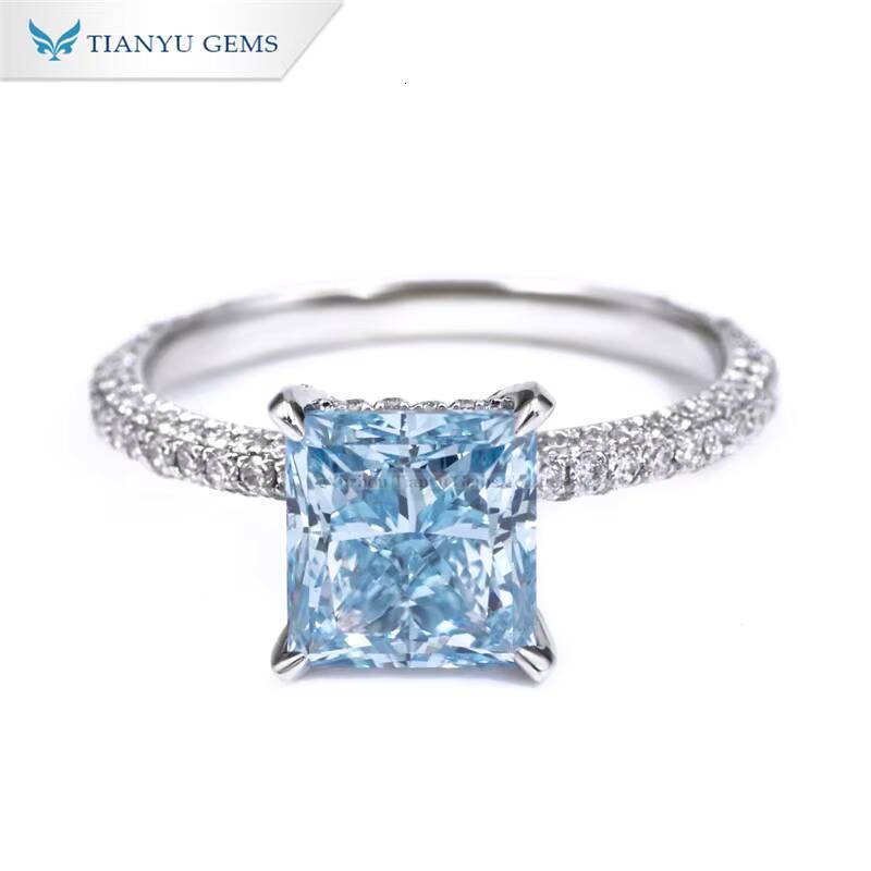 Tianyu Gems Princess Cut 118ct VVS2 Fancy Intense Blue Lab Diamond Ring 18k Solid White Gold 3 Row Pave Diamond Band Ring Women