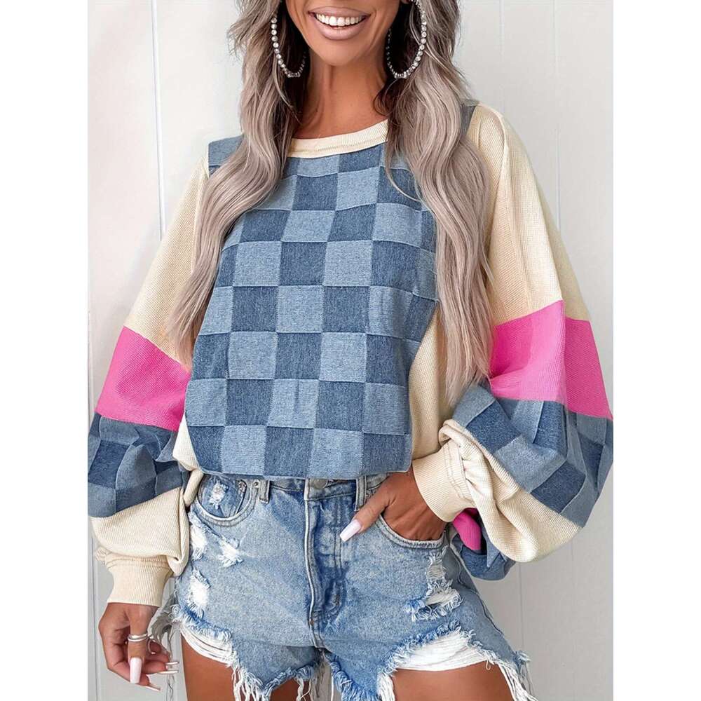 Sky Oversized Checkered Denim Exposed Seam Patchwork Sweatshirt Geometric Pattern Blue Pink Accents All Season Casual Elegant Pullover Hine Washable