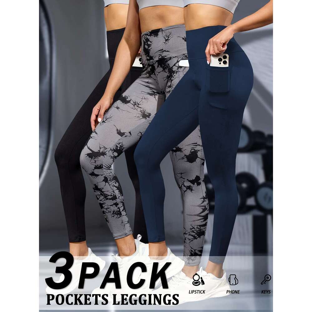 3 Pack Women's High Waisted Tummy Control Leggings with Pockets - Super Soft Stretchy Yoga Running Pants, Solid Black All-Season hine Washable, W