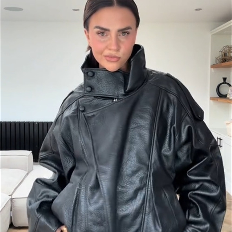 Autumn Fashion Standing Collar Womens Leather Jackets Windproof Loose Fold Coats Locomotive Style High Street Outdoors Clothes 251029