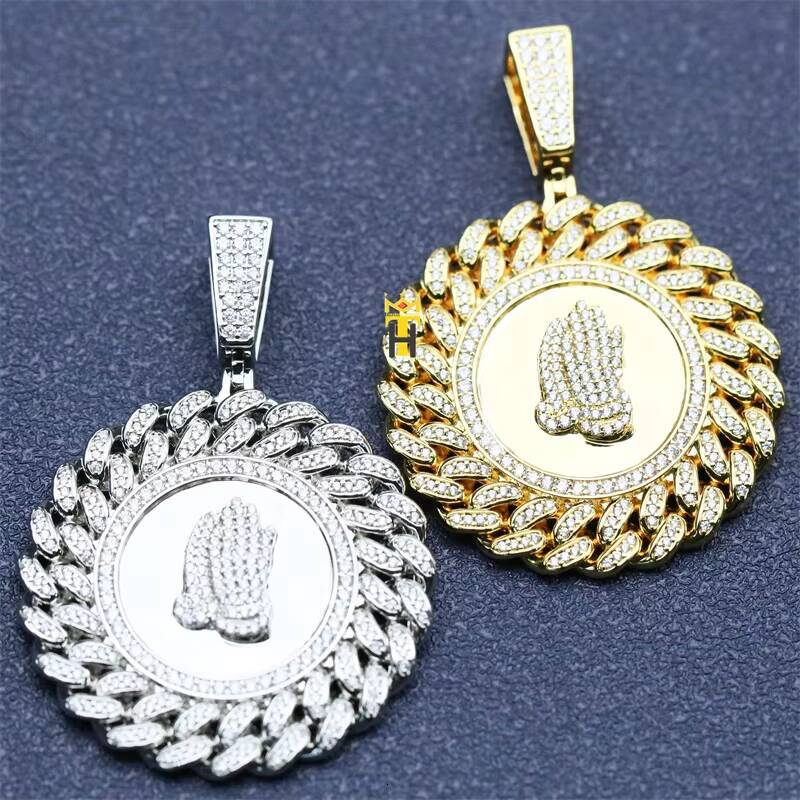 Hip Hop Gold Plated Iced Out Mens Gold Silver Fashion Jewelry Cuban Edge Jesus Praying Hands Round Pendant