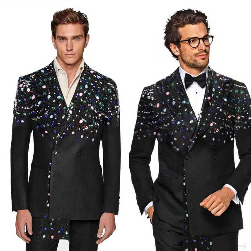 Luxury Men's Suit 2 Pieces Blazer Pants Double-Breasted Peak Lapel Shiny Crystal Diamonds Causal Party Prom Customized