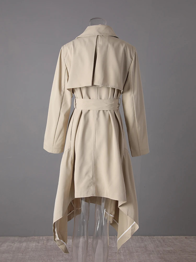 DEAT Fashion Khaki Deconstruction Trench Coat Womens Lapel Loose Single Breasted Sashes Irregular Windbreaker Autumn 251029
