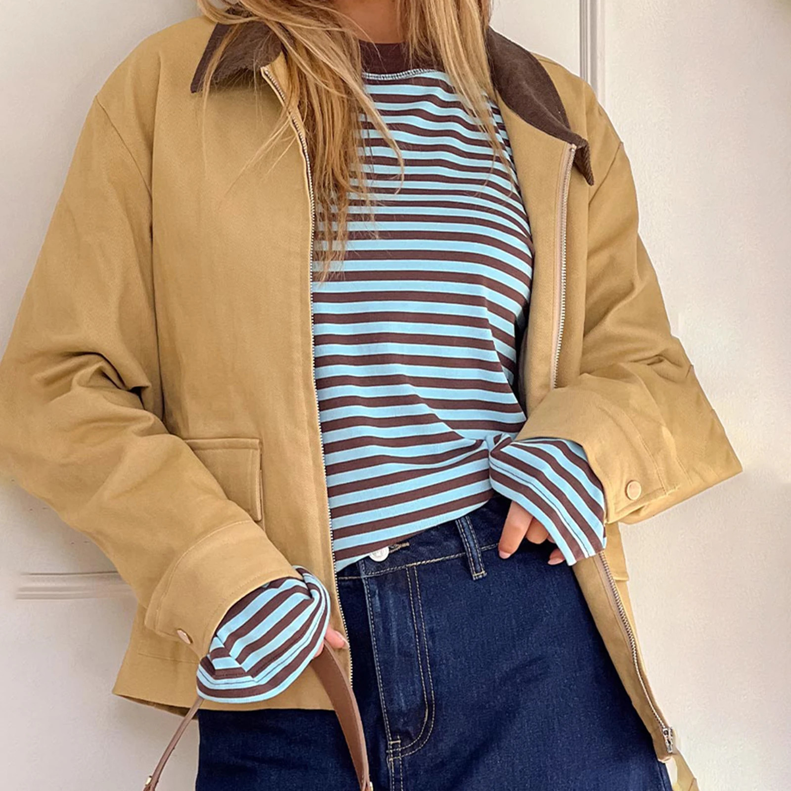 Striped Long Sleeve T Shirt Women Y2k Oversized Crewneck Sweatshirt Aesthtic Vintage Autumn Drop Shoulder Cute Going Out Tops 251030