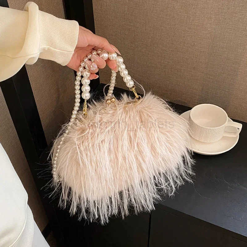 Shoulder Bag Tassel highend fiery chicken feather niche crossbody bag pearl chain versatile autumn and winter plush bag M251030