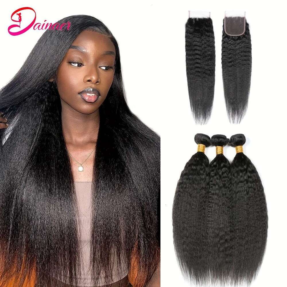 3 Bundles Brazilian Yaki Straight Human Hair Extensions With 4X4 Free Part Closure - Natural Look, Lightweight & Durable For Women Of All Ethnicities