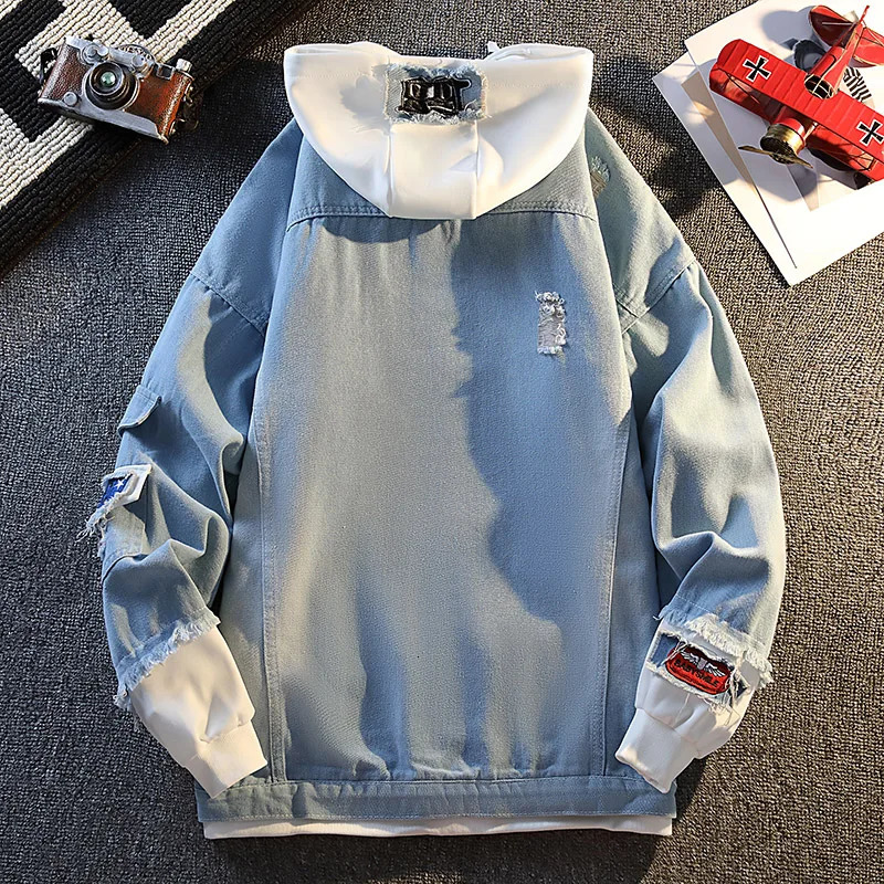 Korean Fake TwoPiece Denim Jacket for Men Hooded Trendy Patchwork Design Youthful BF Couple Street Outerwear 251029