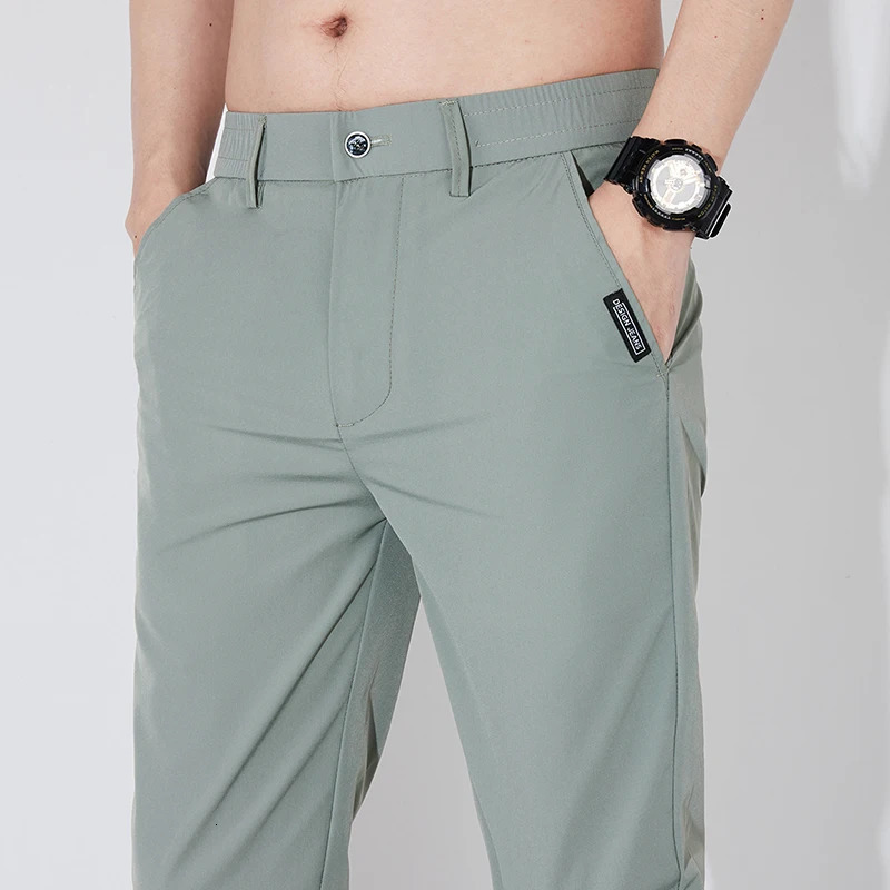 Summer Silk Stretch Smooth Trousers Men Business Elastic Waist Korean Classic Thin Cool Black Gray Casual Suit Pants Male 251028