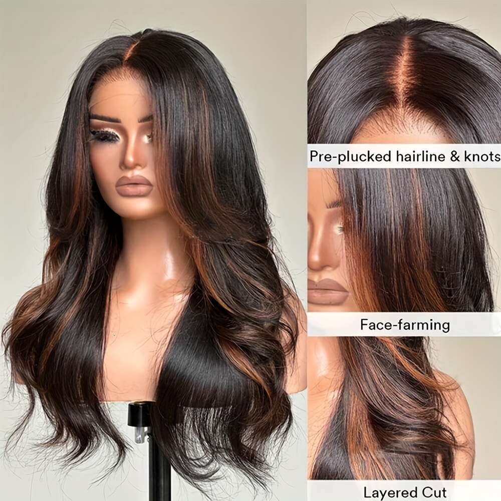 4X4 Ready To Go Brown Highlight Straight Layered Cut Style With Hairline 180% Density Glueless Body Wave Human For Long Wig Looking Natural Brazilian 