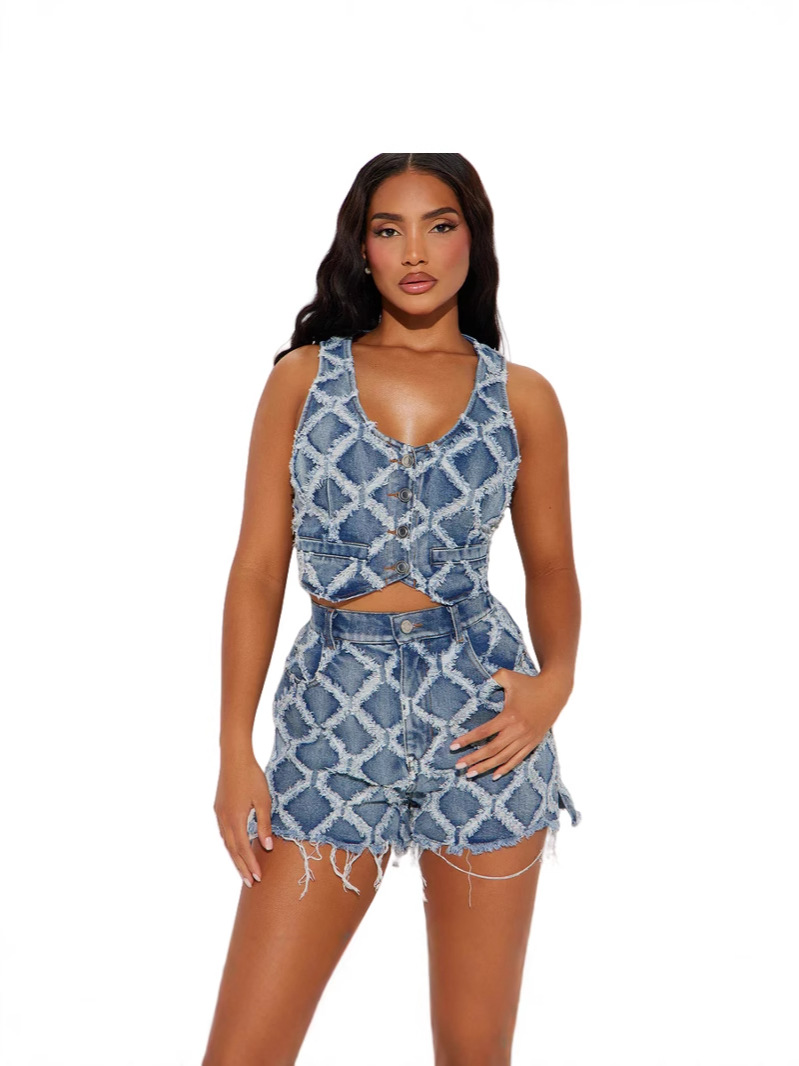 womens european american style cotton blend denim jacket with matching pants set