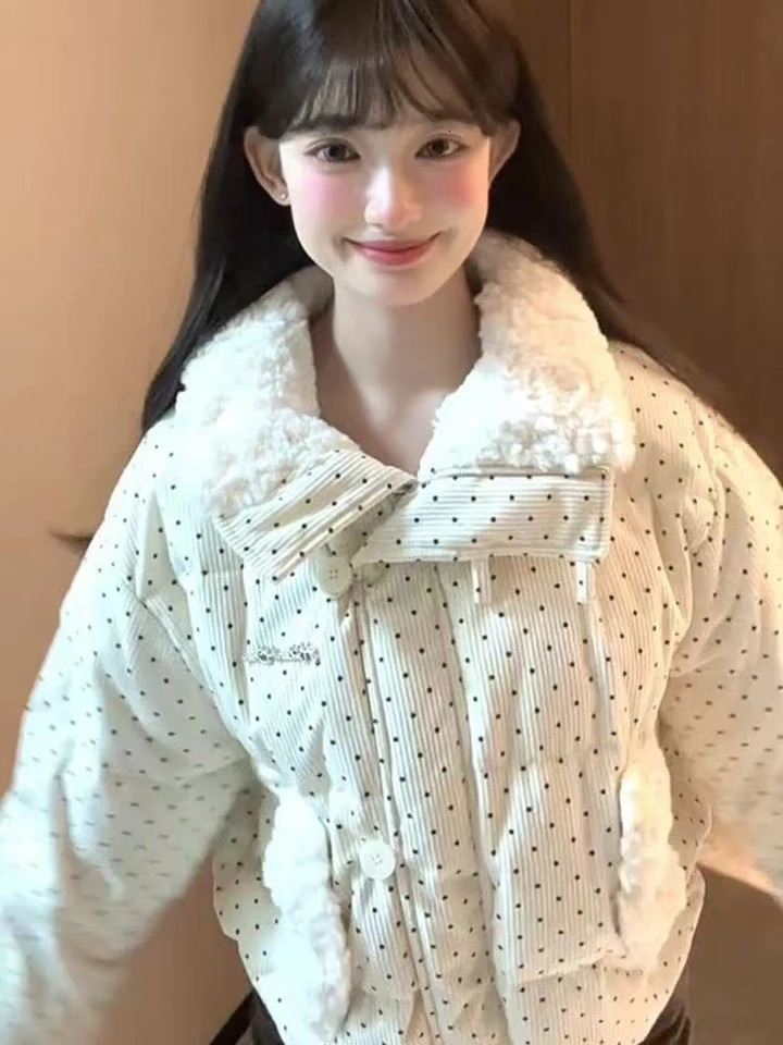 Sweet Polka Dot Parkas Women Winter Loose Casual Thicken Button Patchwork Puffy Coats Korean Fashion Fur Collar Female Outwear 251030