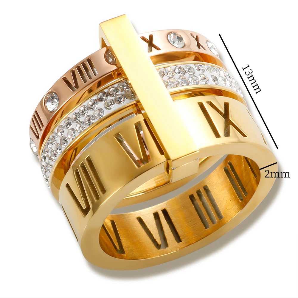Three Layers Roman Numerals Ring for Women Luxury Stainless Steel Rotatable Crystal Finger Rings Female Wedding Trendy JewelryW251030