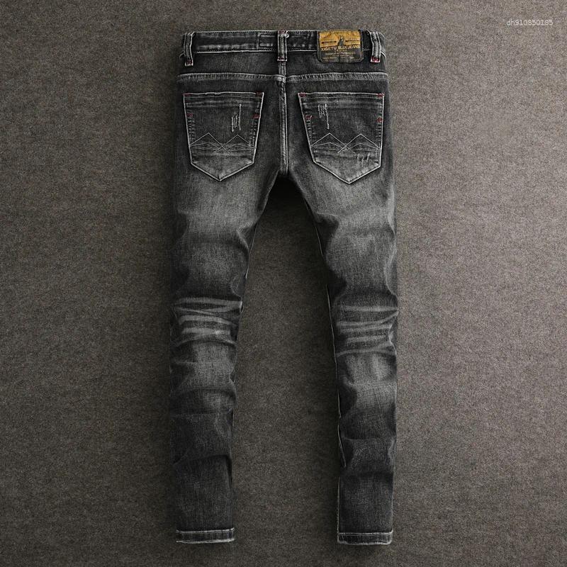 Men's Jeans Fashion Men High Quality Retro Black Gray Stretch Slim Fit Ripped Y2K Embroidery Vintage Denim Pants