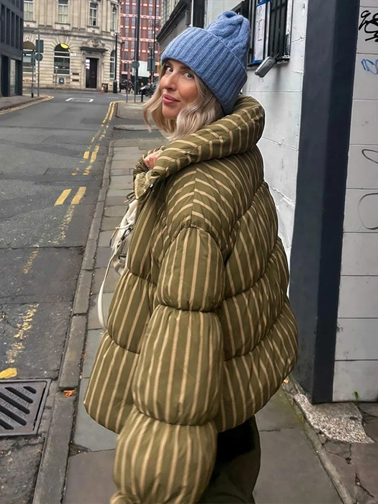 Casual Stripe Thicken Cotton Jackets Womens Loose Stand Collar Zipper Coats With Pockets 2025 Autumn Winter Ladies Outwear 251030