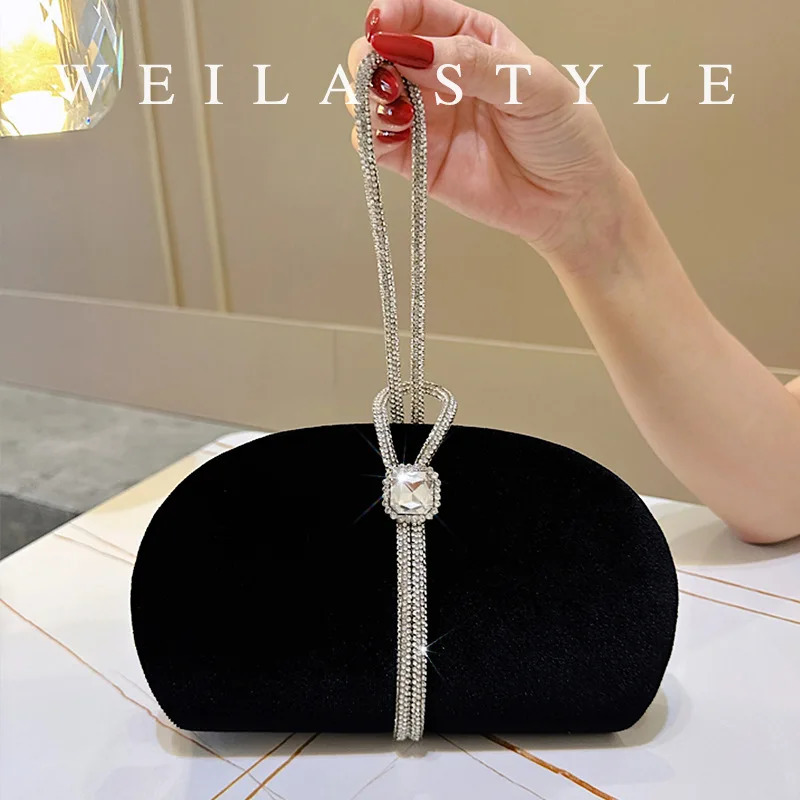 Sparkly Black Velvet Rhinestone Evening Bag With Crossing Handle Elegant Semicircle Clutch Purse For Wedding Party Dinner Bag 251023