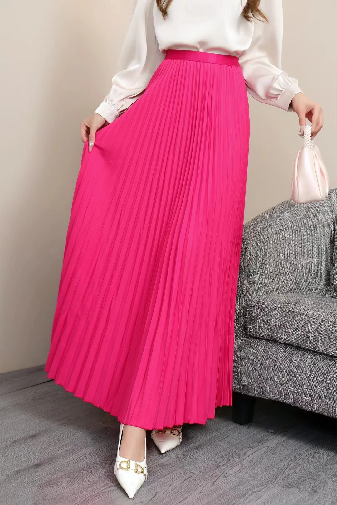 2024 Women Elegant Pleated Skirt High Waist Women Long Skirt Female Ladies High Quality Women Midi Skirt Black Saia 251028