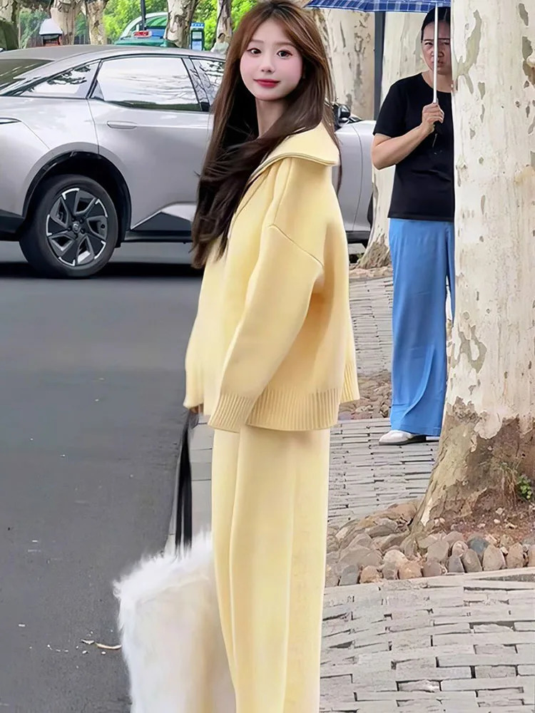 Classic Solid Knitted 2 Piece Sets Women Lapel Neck Knitwears Sweater Pullover Tops Conjuntos High Waist Loose Sweatpants Outfit 251029