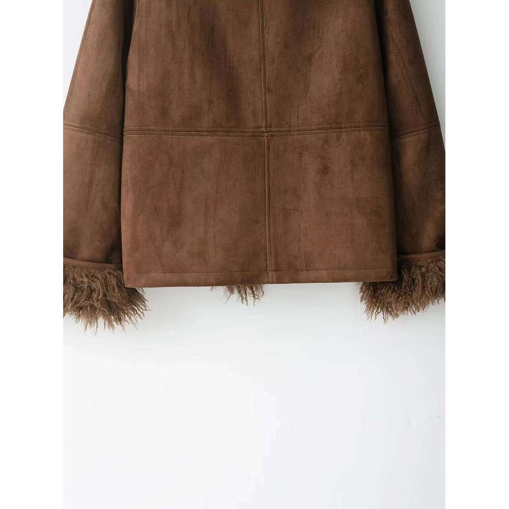 Autumn New Product Women's Wear Melad Brown Double Sided Artificial Fur Effect Jacket Coat