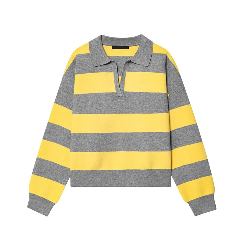 YENKYE 2025 Women Striped Knit Polo Neck Sweater Long Sleeve Casual Loose Autumn Pullover Tops 251016