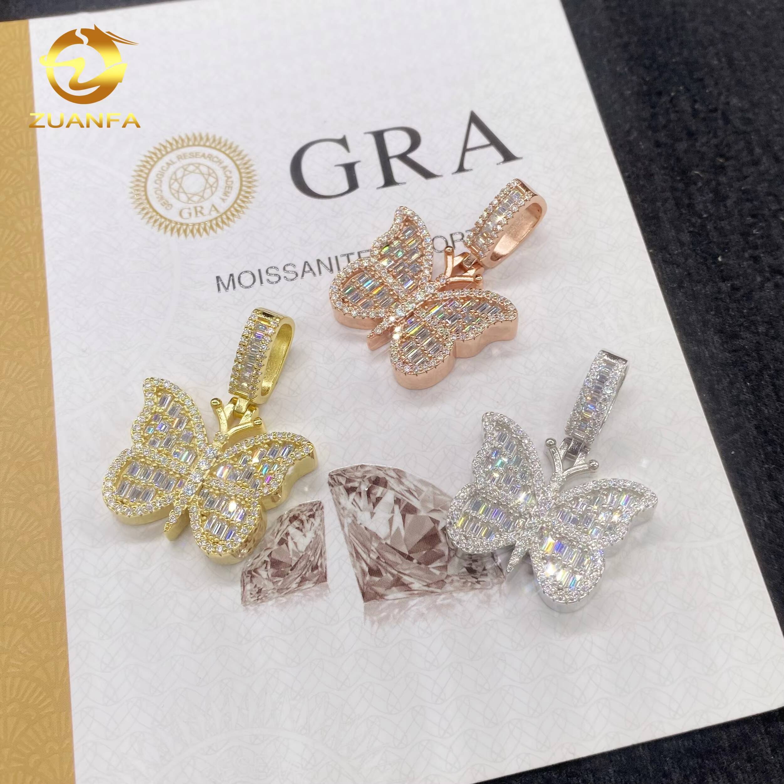 VVS D Moissanite Hip Hop Moissanite Custom Iced Out Rose Gold Bracelet 925 Silver Jewelry Diamond Butterfly Charm Pendant