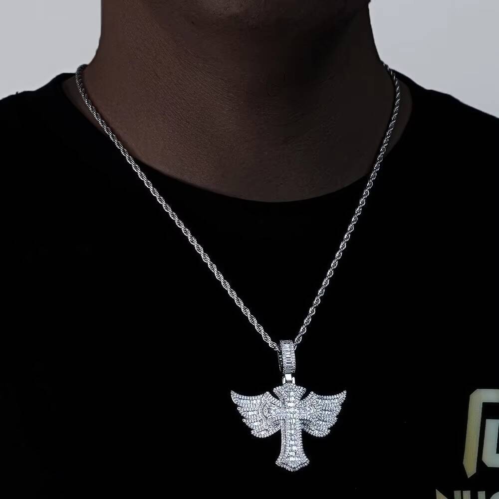 NUOYA Iced Out Full Diamond Cross Pendant Gold Silver Micro Pave Baguetter Angel Wings Cross Pendant for Hip Hop Men Women Designer's style