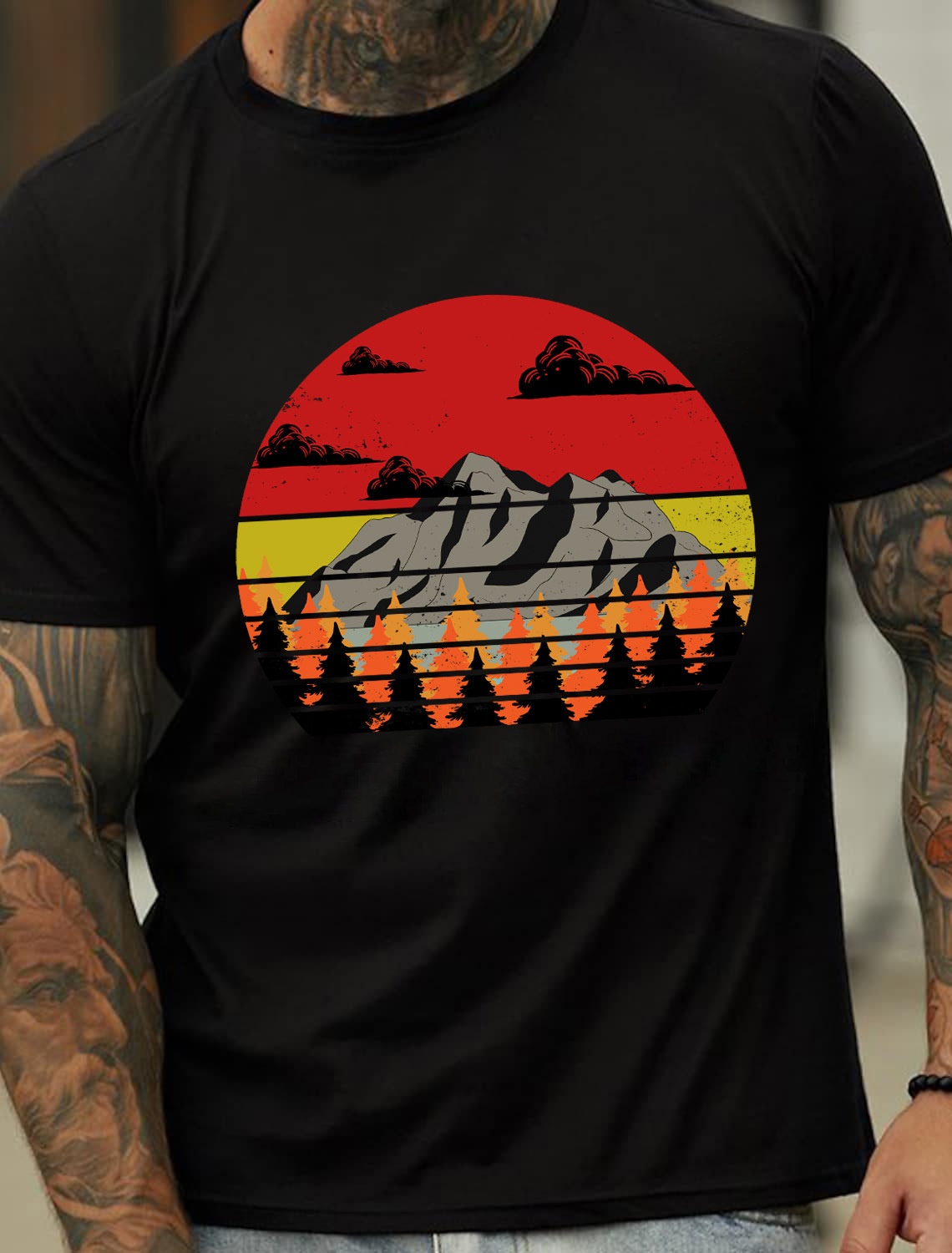 OEM Large Size Forest Mountain Print Men's Cotton Summer T-Shirt - TT7075