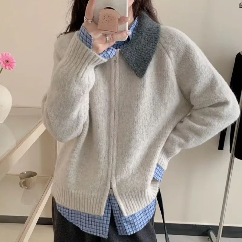 Women Clothes Autumn Winter Fashion Korean Simplicity Zipper Color Blocking Knitting Polo Collar Female Appear Thin Sweater Coat 251029