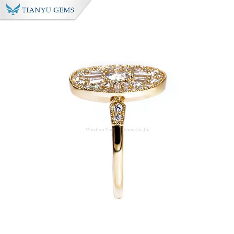 Tianyu Gems 45mm Round and Trapezoid Cut Moissanite 10k14k 18k Yellow Gold Antique Style Jewelry Rings for Women Engagement