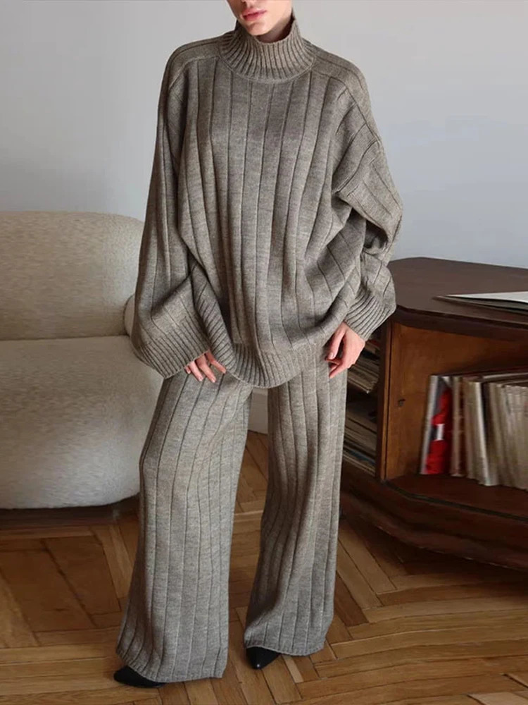 Casual Loose Women Knitted Pant Suits Full Sleeve TurtleNeck Solid Sweater Lady Set Autumn Winter 2 Pieces Set Female 251028