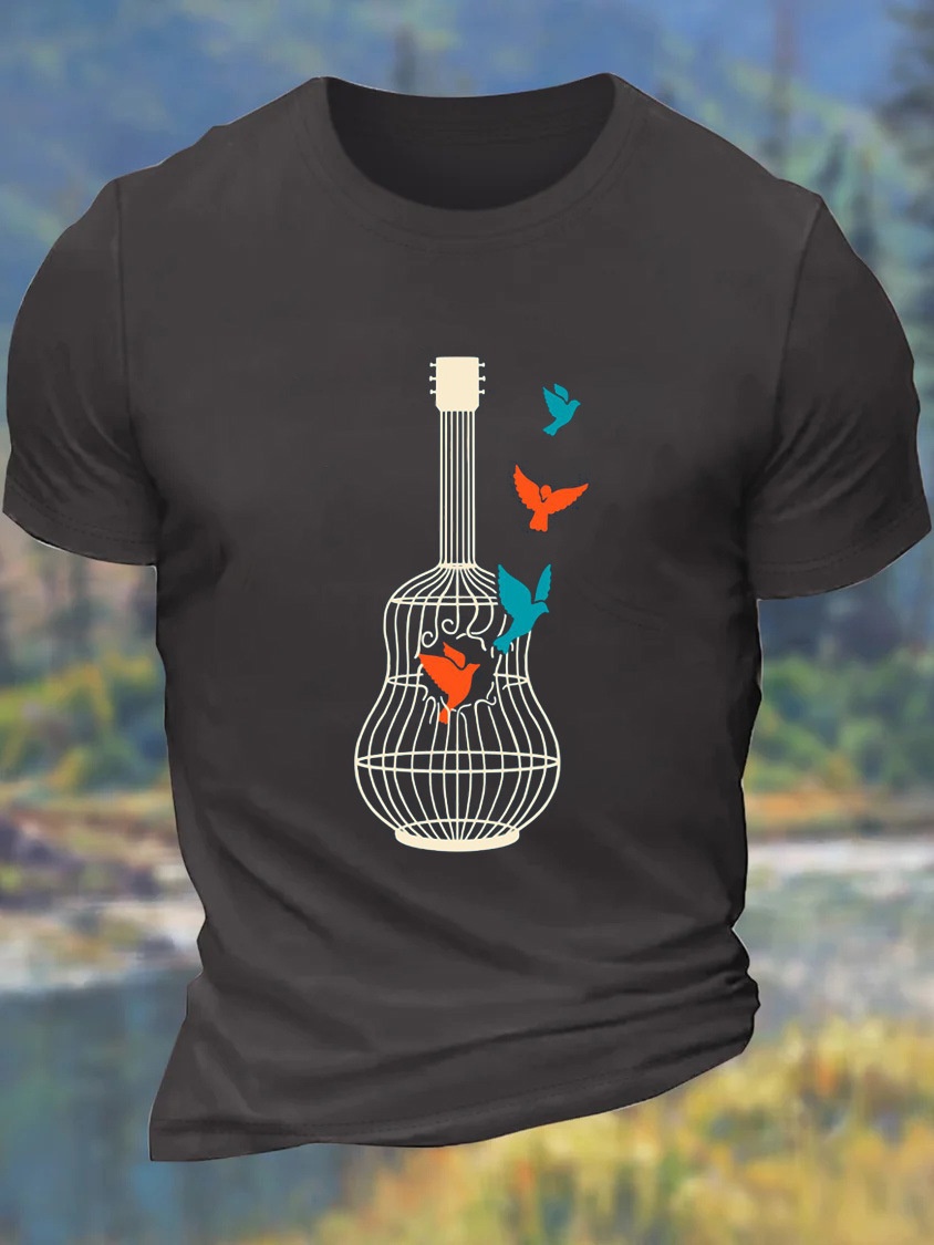 European & American Oversized Men's Guitar Birdcage Print Crew Neck Casual Cotton Letter T-Shirt - TT7453