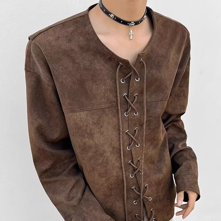 Spring And Autumn New Drawstring Double-breasted Back Fly Design American Style Brown Motorcycle Designer Jacket Leather Jacket Men's Jacket