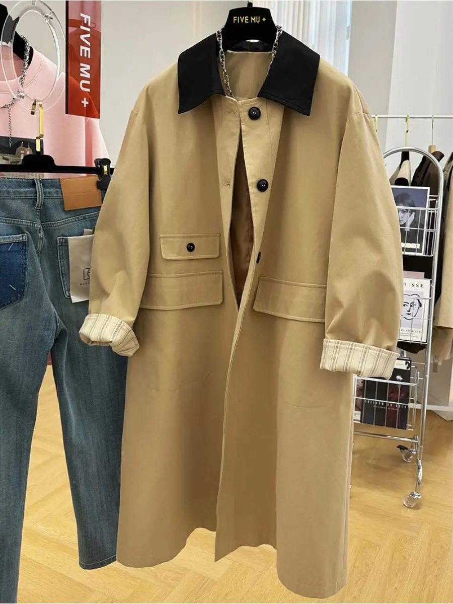 2025 highend contrasting color lapel long trench coat womens spring and autumn loose casual foreign style tooling jacket 251029