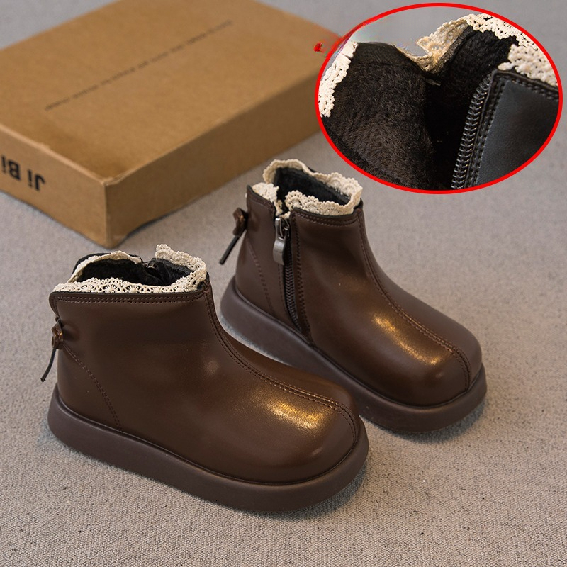 New fashionable girls' leather boots with wool lining, warm cotton boots, children's baby short boots, children's Martin boots, trendy 