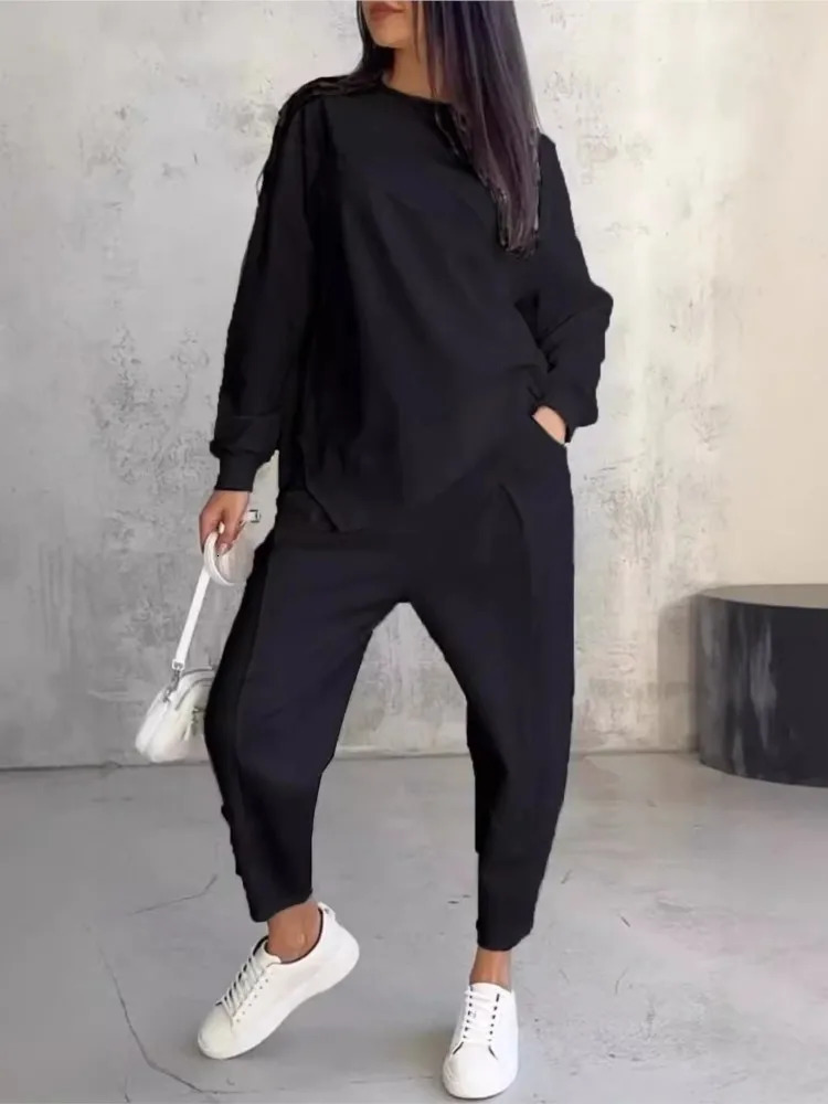 Women Casual Solid Set Fashion O Neck Long Sleeve Loose Top And Long Pants Two Piece Sets Lady Spring And Autumn Sports Sets 251029