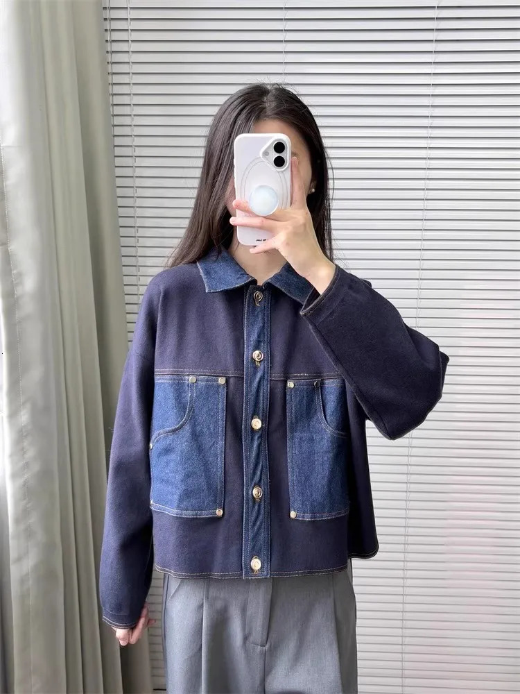 Metal Buttons Women Knit Cardigan Denim Splice Turndown Collar Long Sleeve Female Casual Sweater Coat 251029