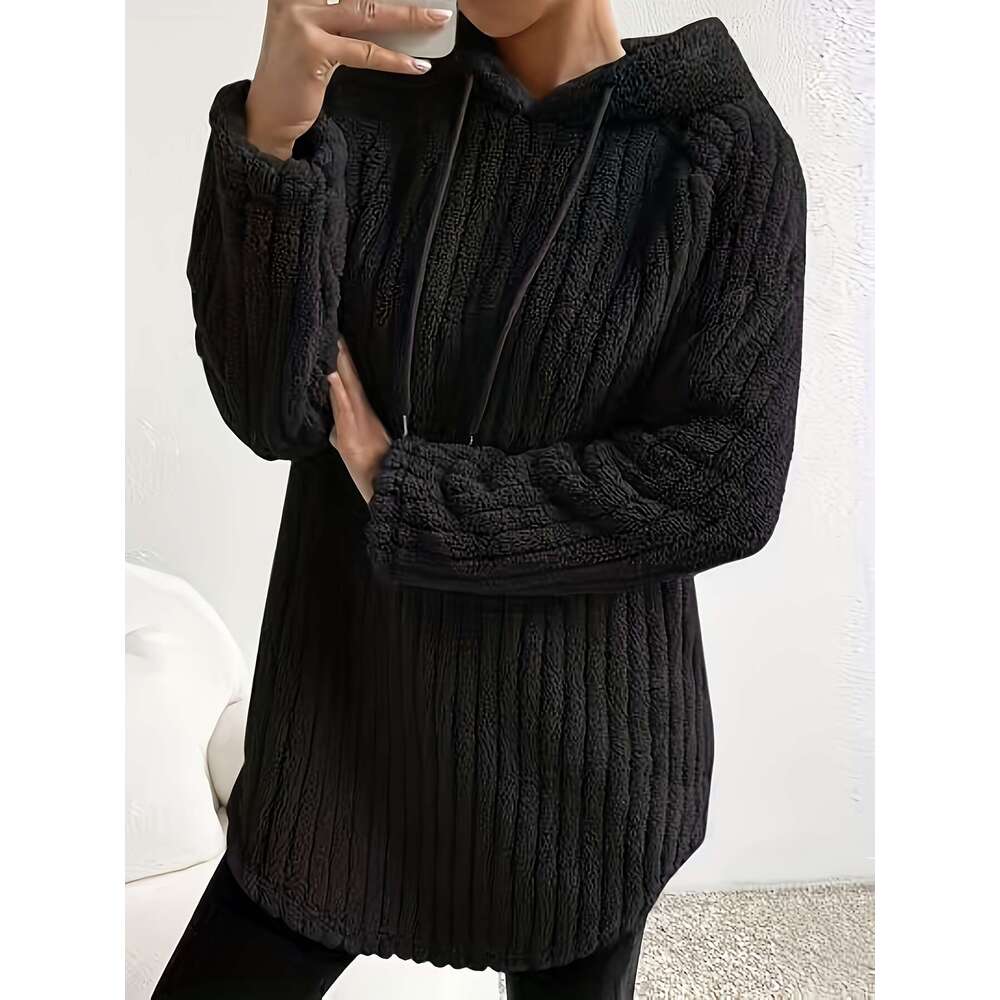 Raglan Teddy Hoodie Casual Curved Hem Long Sleeve Hooded Drawstring Sweatshirt For Winter Fall Women S Clothing