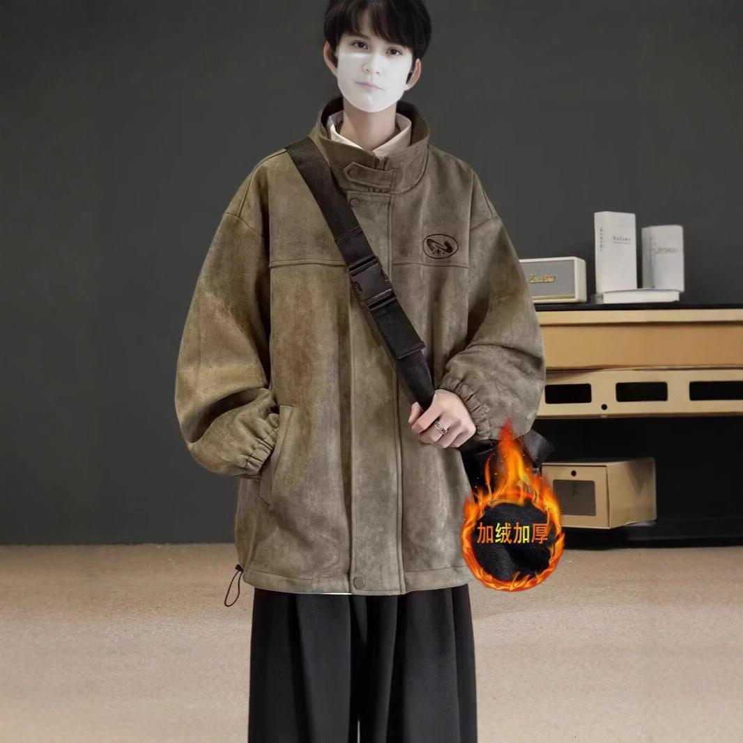 American Style Stand Collar Suede Jacket Men's Autumn Winter Fleece Lined Designer Coat Workwear Top Trendy Brand Cool High-end Casual Coat