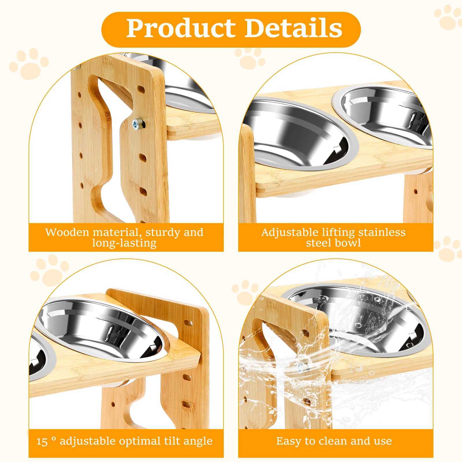 Elevated Dog Bowls Wood Tilted Adjustable Dogs Feeder Stand with Stainless Steel Food Bowls for Your Cat and Dog Pet Accessories J251113