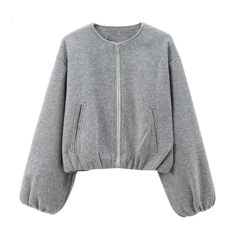winter jacket women HXAO Outerwears Cropped Bomber Jacket Women Autumn Long Sleeve Faux Wool For Woman Winter Zip Up Gray Beige Short Coats5324