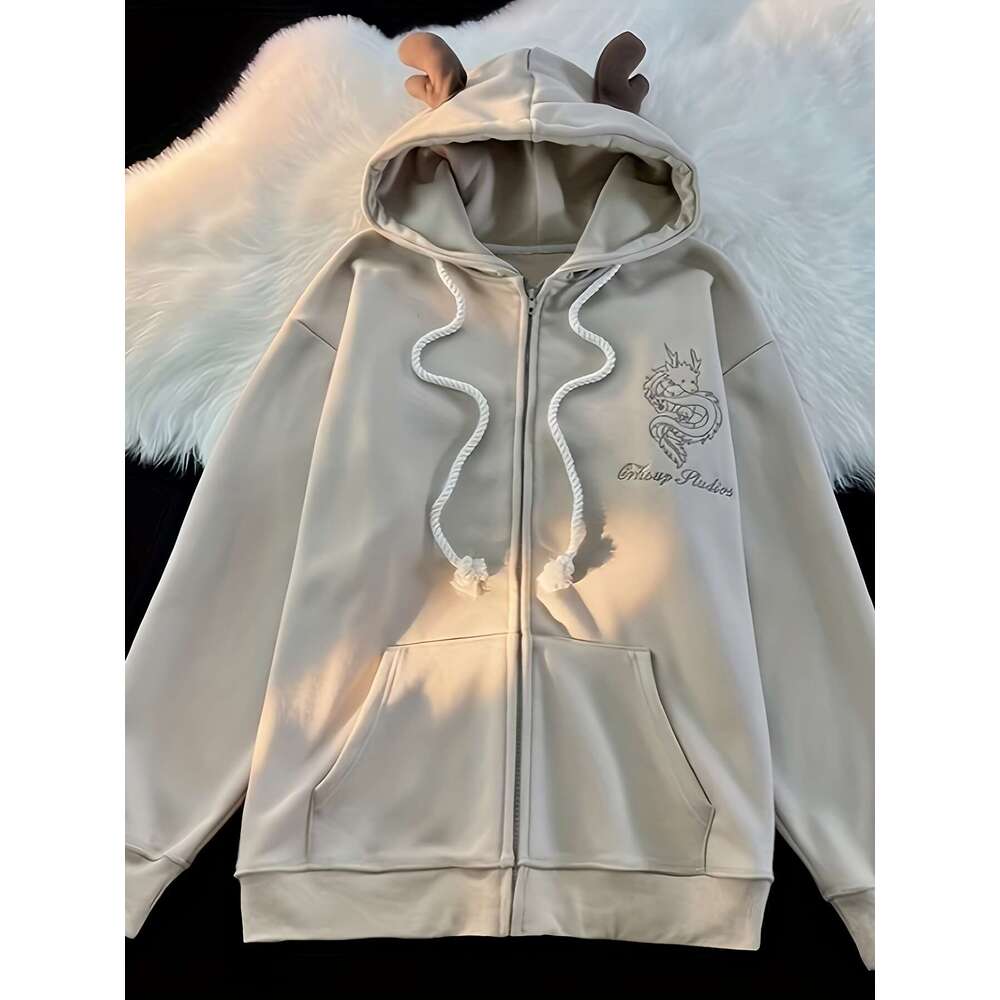 Women S Thick Fleece Lined Sweatshirt With Intricate Dragon Star Embroidery Cozy Winter Pullover Hine Washable Casual Outerwear Cute Sweatshirts Autum