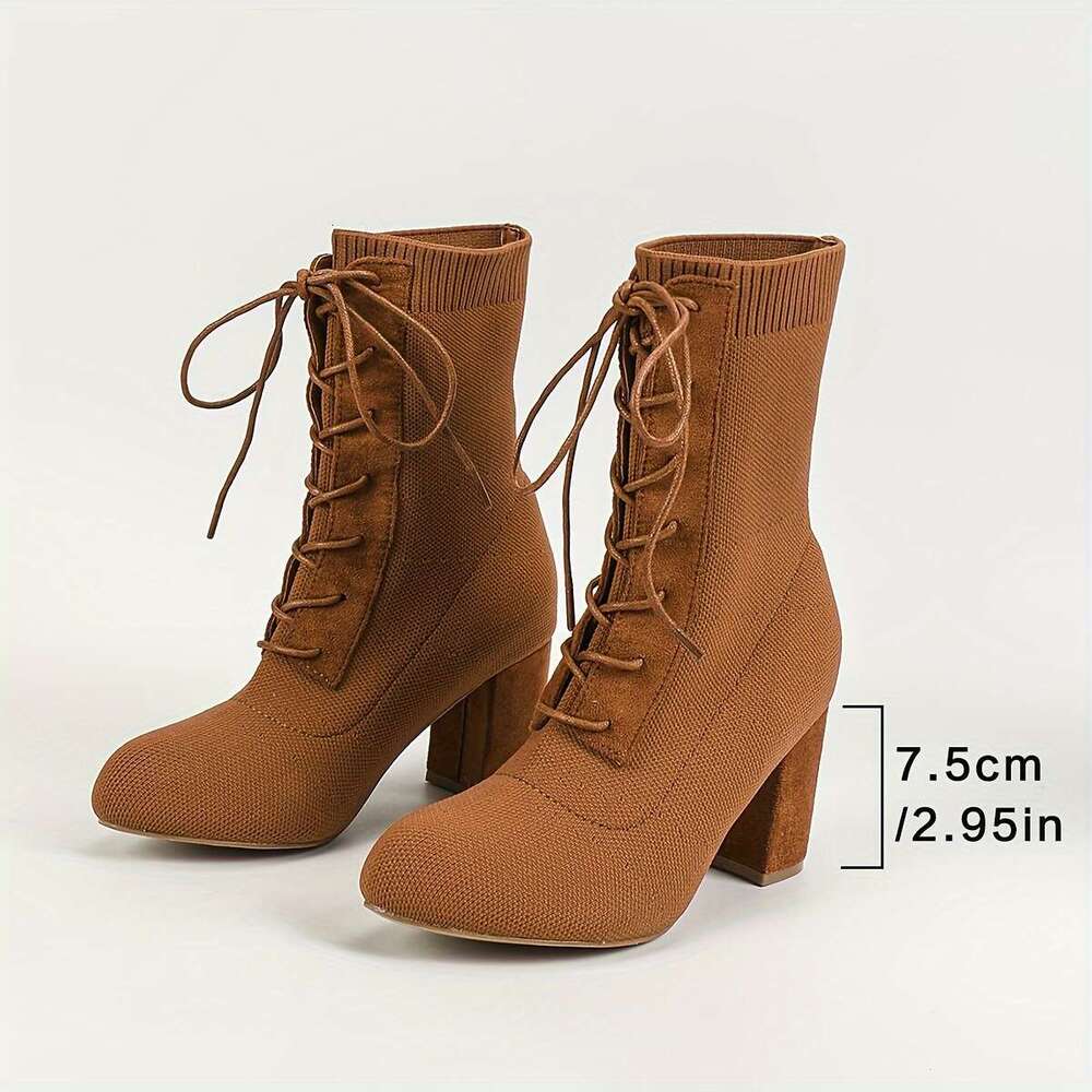 Women's High Heeled With Heels Fly Woven Uppers, Tied Straps, Thick Heels, Round Toe, Midsole Boots Are Fashionable And Suitable For Daily Wear