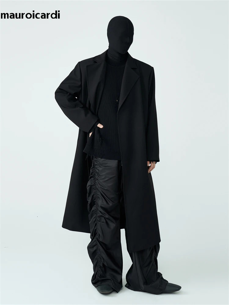 Mauroicardi Autumn Winter Cool Long Black Thick Warm Loose Casual Soft Wool Blends Coat Men with Shoulder Pads No Buttons 251029